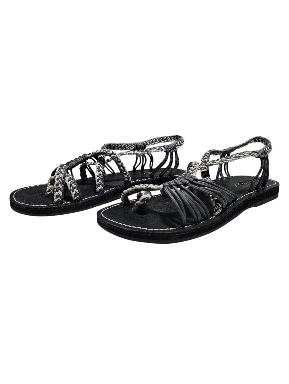 Everelax Women's Black Gray Braided Rope Sandals Boho Strappy Flat Shoes